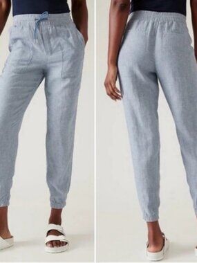 Athleta Retreat Linen Joggers Chambray Blue Relaxed Fit Women's Pants Size 8